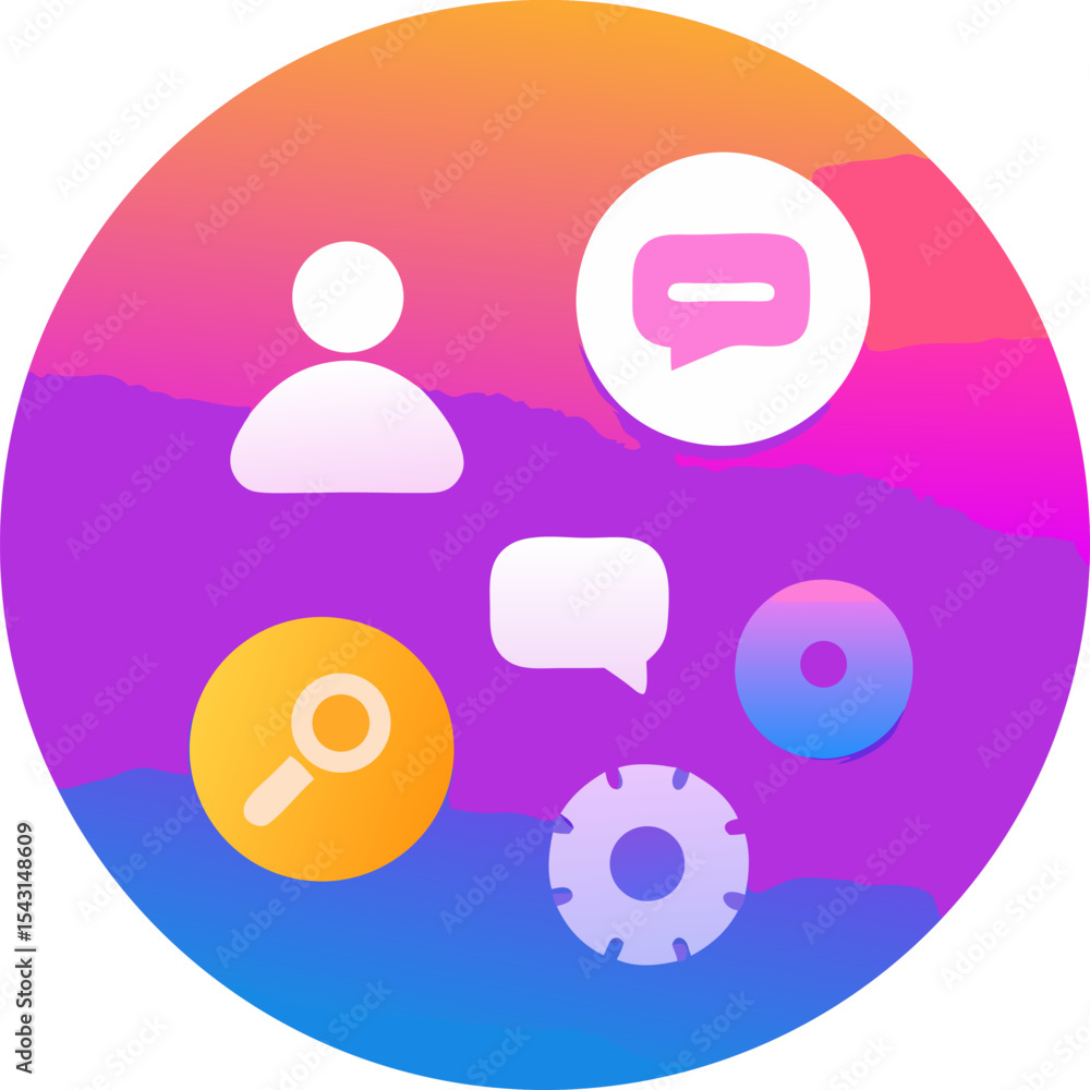 Round gradient icons for mobile social app features: chat, settings, profile, search with white background. Round gradient icons for mobile social app features: chat, settings, profile, search with white background.