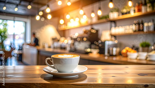 Coffee Latte on Wooden Table in Modern Cafe Interior