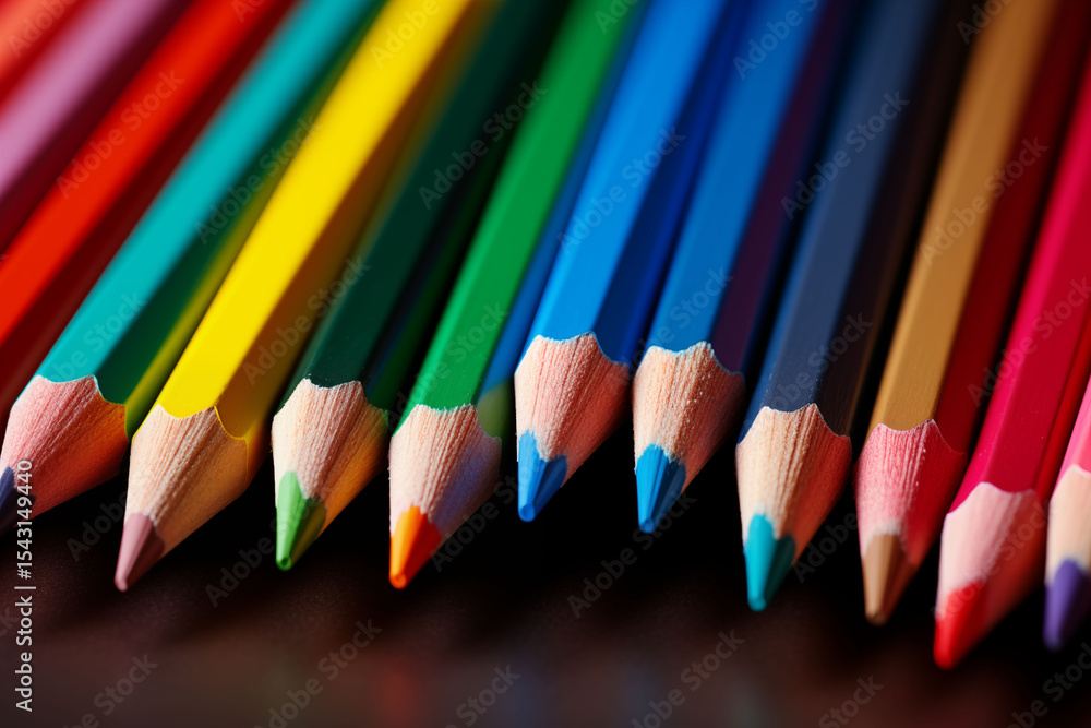Close-up of sharpened colored pencils on a dark background. Close-up of sharpened colored pencils on a dark background.