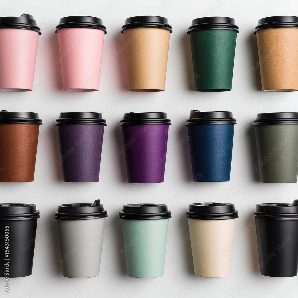 Colorful disposable coffee cups in a grid pattern Colorful disposable coffee cups in a grid pattern