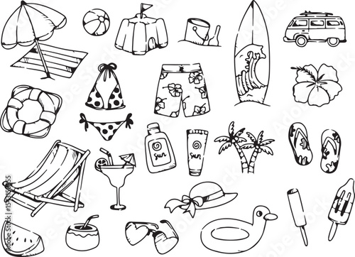  Summer Vacation Doodle, Beach, Sunglasses, Ice Cream, Surfboard, Cocktail, Travel Fun Vector