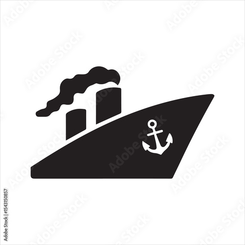Cargo Ship Icon Silhouette with Anchor and Smoke Stack Vector Illustration