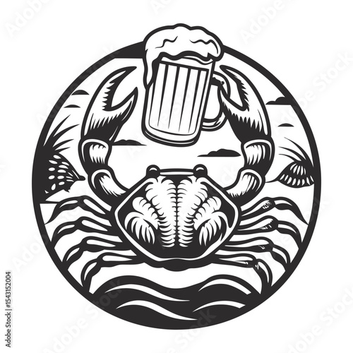 Monochrome vector crab clutching beer mug while resting on sandy beach, circular framing perfect for coastal dining and brewing brand identity