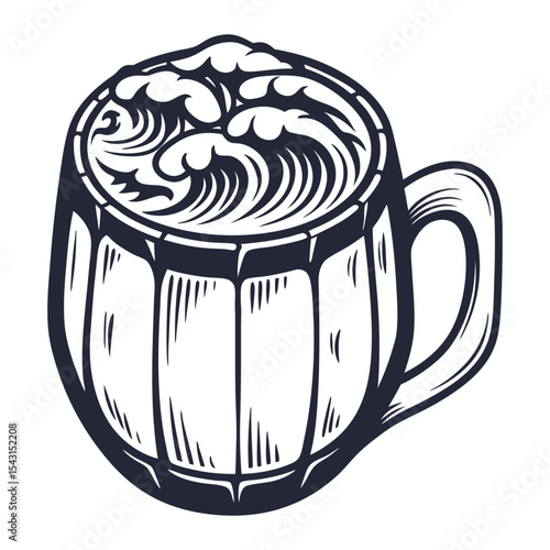 Weathered wooden beer tankard cresting with ocean waves, blending maritime spirit and foamy brew in vintage inspired graphic design element