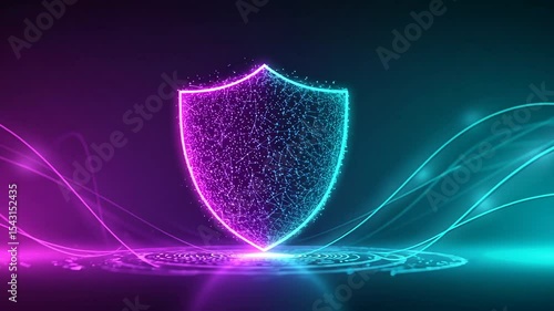 Abstract Digital Shield with Glowing Particles in Neon Purple and Cyan Waves Representing Cybersecurity and Data Protection on Dark Background