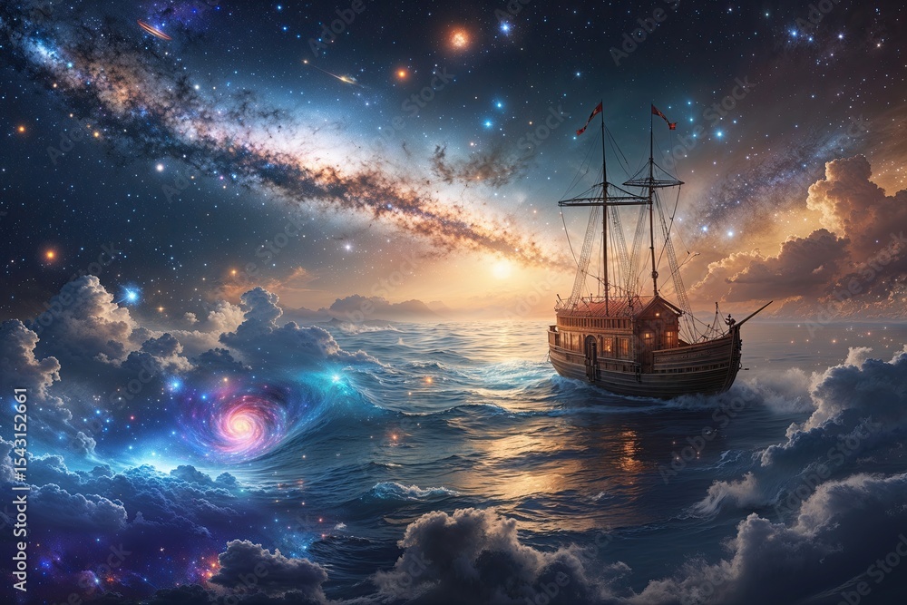 Fototapeta premium Epic Voyage of a Magical Ship Through a Galactic Ocean of Cosmic Marvels