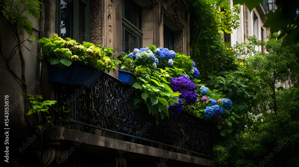 Fototapeta premium A Parisian balcony covered with vibrant hydrangea planters.