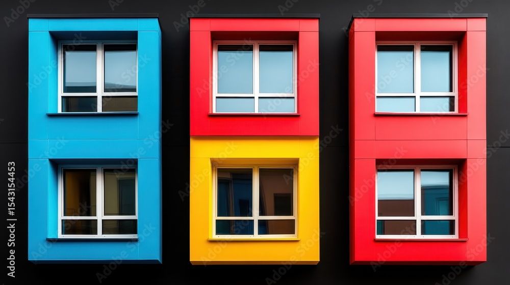 Fototapeta premium A vibrant architectural shot featuring blue, red, and yellow windows on a sleek black facade, reflecting contemporary design and urban lifestyle infused with energy and creativity.