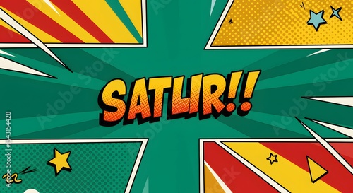 Comic-style background features vibrant geometric shapes and a central text burst area to showcase bold creative messaging.