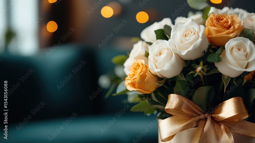 Obraz premium A beautifully arranged bouquet of white and orange roses, adorned with a soft ribbon, showcasing a vibrant and festive atmosphere suitable for special occasions.