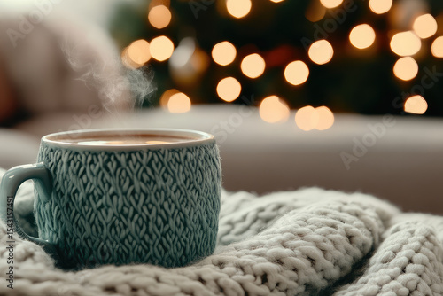 Wallpaper Mural Cozy nook with serene holiday vibes featuring steaming cup of coffee on knitted blanket, surrounded by soft bokeh lights from Christmas tree Torontodigital.ca