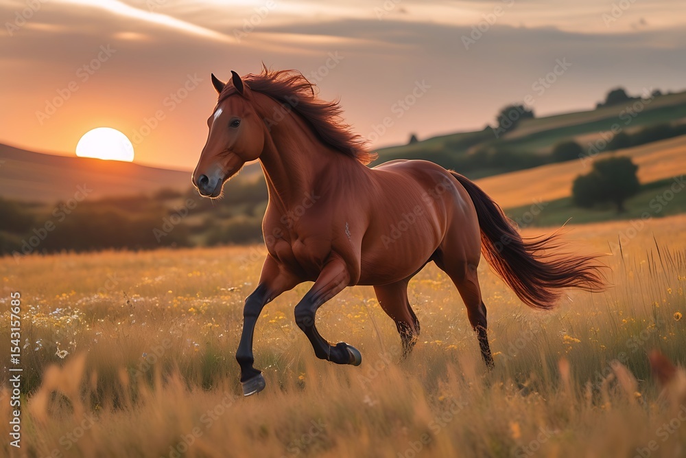 Chestnut Horse Running Sunset Field Golden Grass brown horse Chestnut Horse Running Sunset Field Golden Grass brown horse
