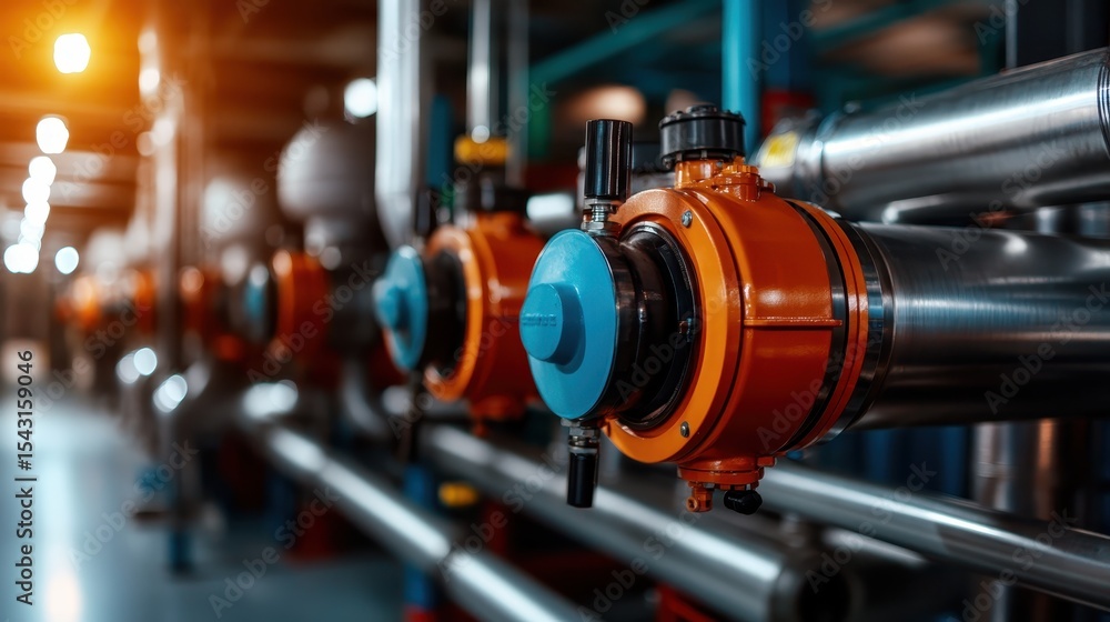 Fototapeta premium An intricate network of industrial pipes with vibrant orange and blue valves illustrates modern engineering and design, highlighting the functionality of industrial aesthetics.