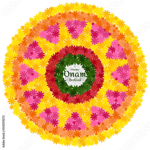 Colorful Pookkalam floral rangoli with Happy Onam Festival greeting. Traditional flower decoration made for Onam celebration in Kerala, India.
