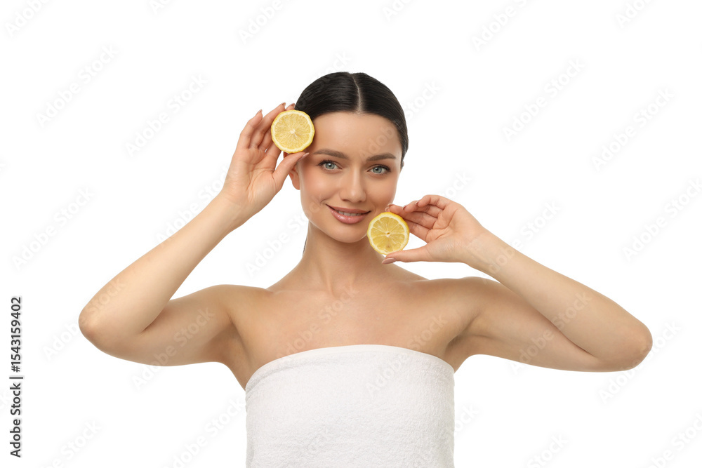 Young woman with lemons doing spa procedures, isolated on white, PNG Young woman with lemons doing spa procedures, isolated on white, PNG