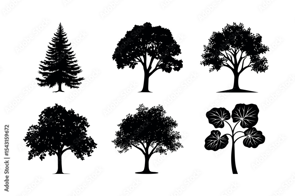 Fototapeta premium Six tree silhouettes collection vector illustration silhouette