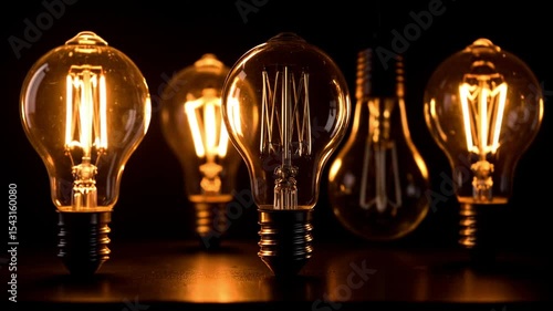 Glowing vintage edison light bulbs dark background