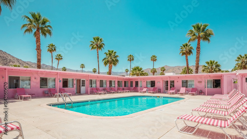 Pink retro motel and pool under sunny skies