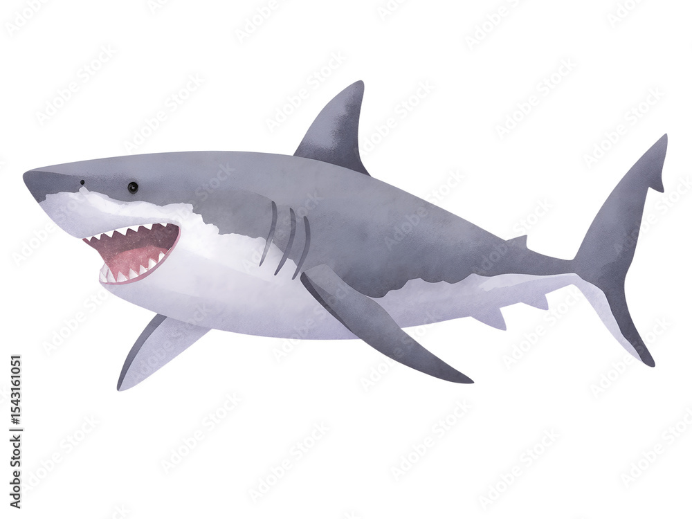 Fototapeta premium Watercolor illustration of a great white shark on transparent background.