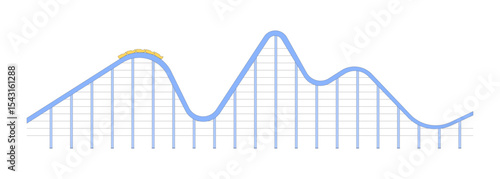 Thrilling roller coaster ride 2D cartoon object. Amusement theme park attraction steep drop. Rail rollercoaster train reaching peak isolated element flat vector clip art on white. Spot illustration