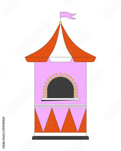 Carnival ticket booth 2D cartoon object. Fairground entrance. Amusement park tent. Striped roof, arched window, fun fair ticket stand isolated element flat vector clip art on white. Spot illustration