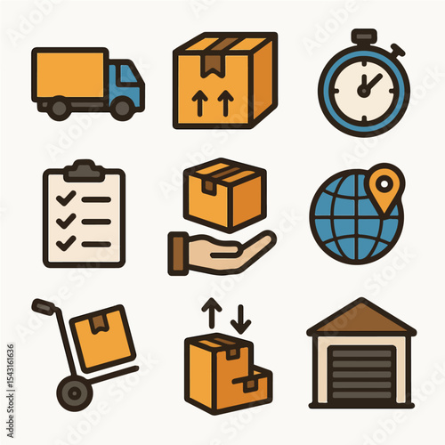 Efficient Delivery Icons Pack showcasing global logistics warehouse trucking hand package checklist speed timely shipping process