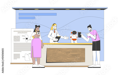 Robot demo at science fair booth with engaged diverse attendees 2D cartoon characters. STEM female engineer showcasing robotics flat vector people isolated on white. Spot illustration colorful