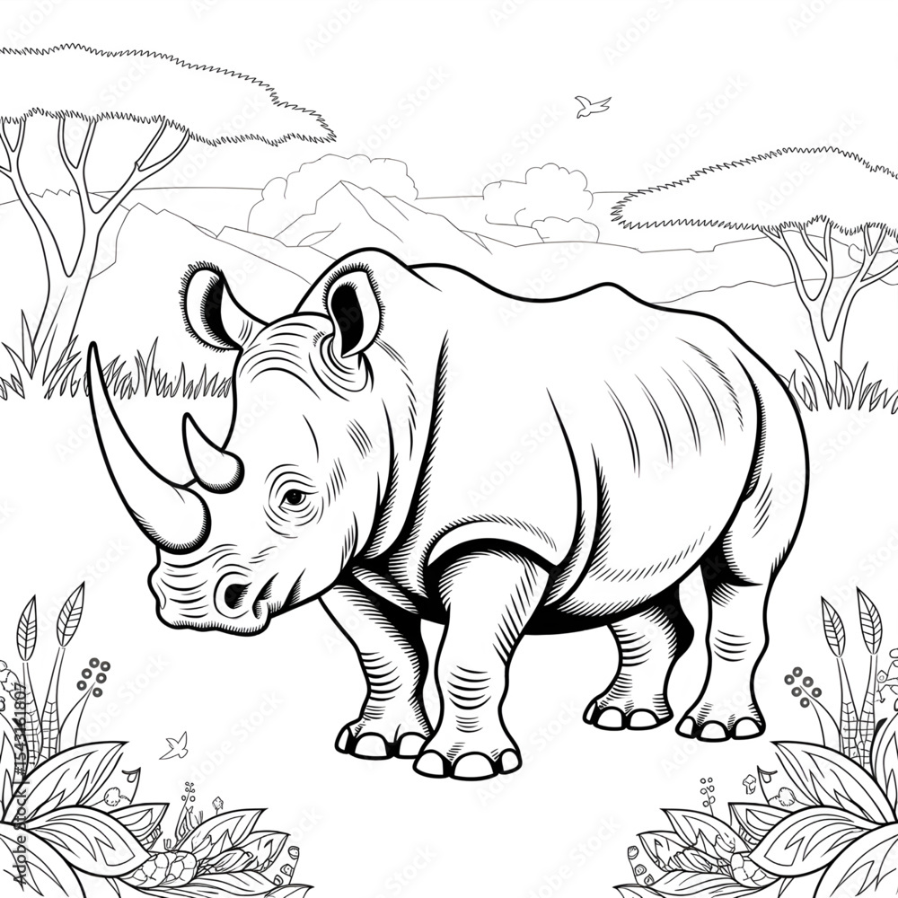 Fototapeta premium rhinoceros vector illustration coloring page line art