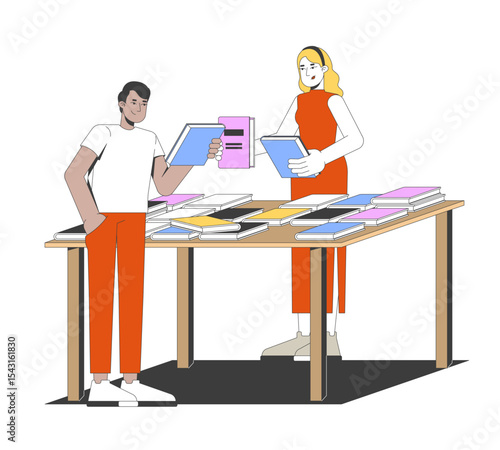 Diverse male and female bookfair attendees selecting books 2D cartoon characters. Student browsing books, woman suggesting novels flat vector people isolated on white. Spot illustration colorful