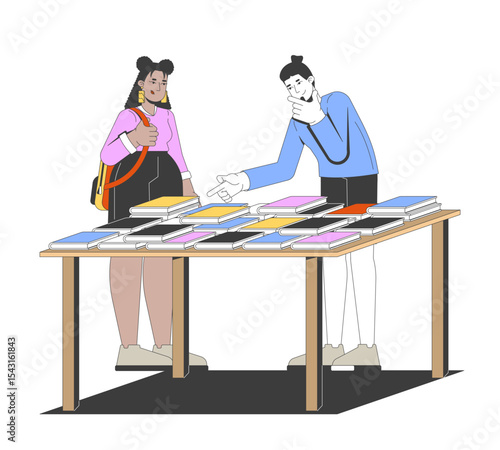 Girl student backpack and man pointing at book table discussing preferences 2D cartoon characters. Bookstore library attendees diverse flat vector people isolated on white. Spot illustration colorful