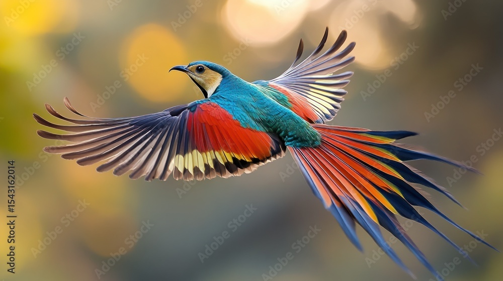 Obraz premium Colorful bird in flight against a bokeh background