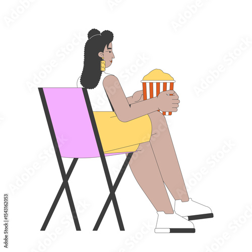 Curvy hispanic woman sitting in folding chair eating popcorn 2D cartoon character. Plus size latina girl with popcorn bucket flat vector person isolated on white. Spot illustration colorful
