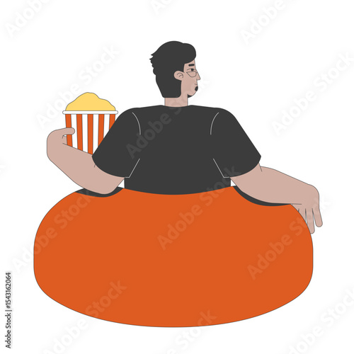 Glasses arab man relaxing on bean bag with popcorn bucket 2D cartoon character. Eyeglasses adult male sitting in beanbag facing away flat vector person isolated on white. Spot illustration colorful