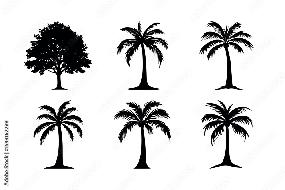 Fototapeta premium Collection of tree silhouettes palm and oak