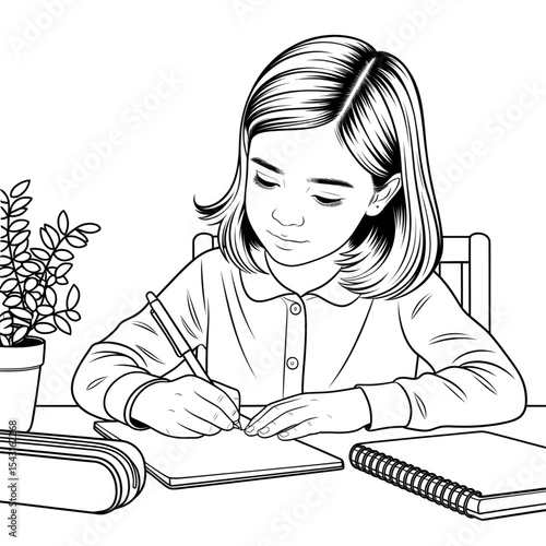 A girl is writing in a notebook with a pen coloring  page line art