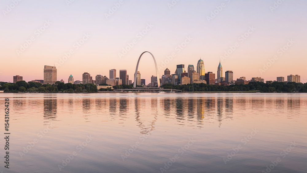 Saint louis cityscape at dawn reflected on water Saint louis cityscape at dawn reflected on water
