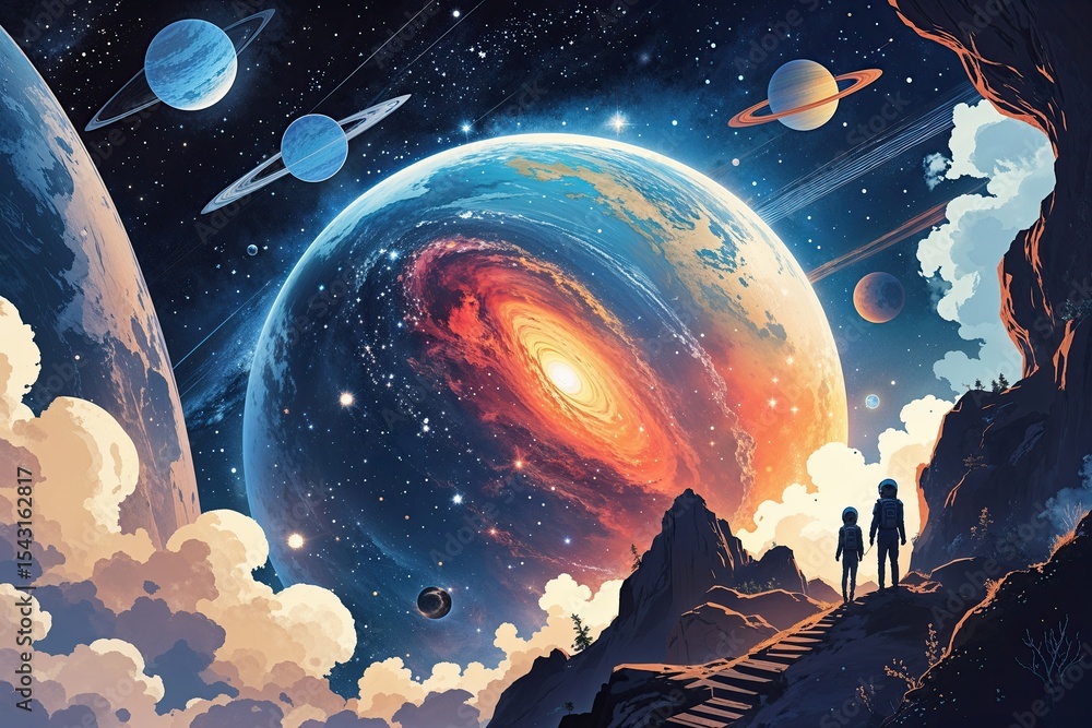 Fototapeta premium Vibrant Cosmic Illustrations and Imaginative Sci-Fi Adventures