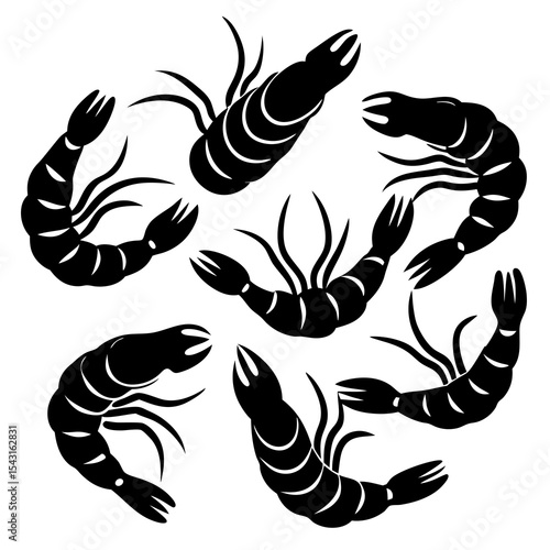 "A-A Collection 6 Set of Fried Shrimp Isolated | Generative AI Vector & Linocut Silhouette Design"