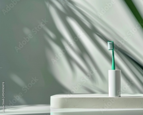 Emerald toothbrush in minimalist holder positioned against soft bathroom backdrop with gentle lighting