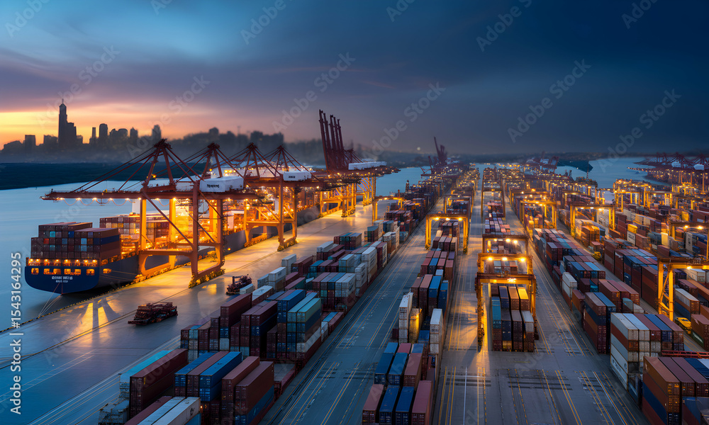 Obraz premium Aerial view of illuminated container port at dusk with cargo ships, cranes, and stacked shipping containers showcasing global trade and logistics hub