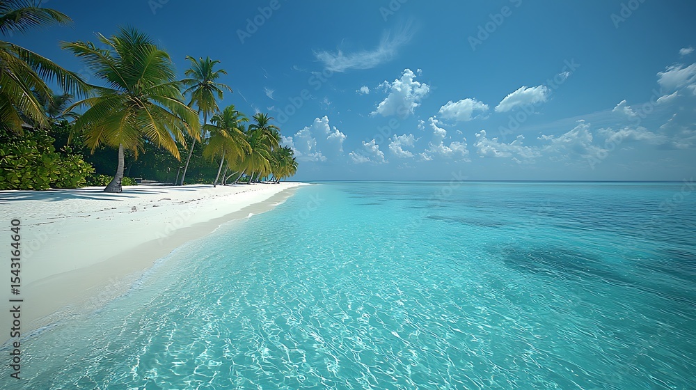 Fototapeta premium Serene Beach with Crystal Clear Turquoise Water and Palm Trees