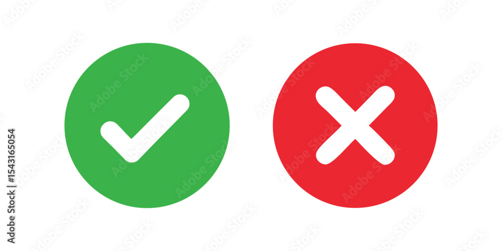 Green checkmark and red cross inside circles, representing approval and disapproval. Green checkmark and red cross inside circles, representing approval and disapproval.