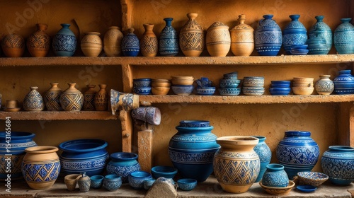 A collection of blue and brown ceramic pottery sits on shelves