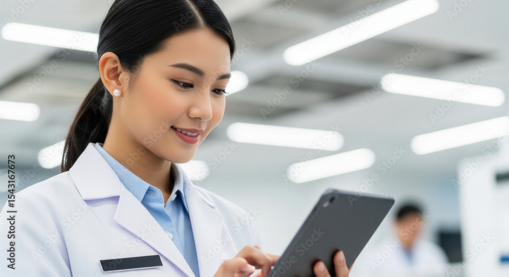 Smiling woman scientist in modern laboratory using a tablet to scroll through medical research, review progress, and track reports. Smiling woman scientist in modern laboratory using a tablet to scroll through medical research, review progress, and track reports.