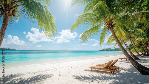 Fototapeta Naklejka Na Ścianę i Meble -  Tropical beach scene with palm trees and sunlight