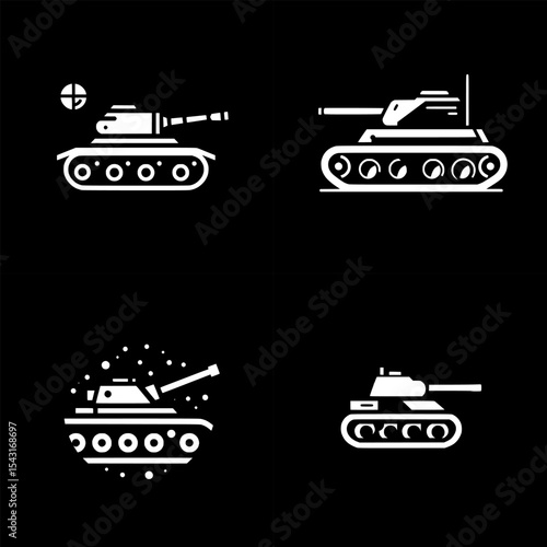 set of minimalist black and white war tank icon in line style, symbolizing modern battlefield power.