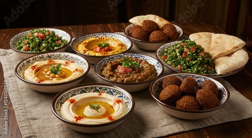 Delicious Middle Eastern Mezze Platter: Hummus, Baba Ghanoush, Tabbouleh, and Crispy Falafel with Pita Bread