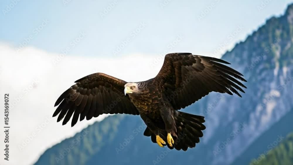 Bird of prey soaring with wings spread wide against mountain backdrop in natural daylight Bird of prey soaring with wings spread wide against mountain backdrop in natural daylight