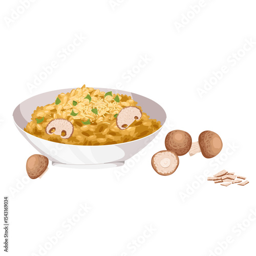 Cartoon creamy risotto composition with mushrooms and herbs. Isolated vector hand drawn Italian food illustration for restaurant, menu, Italian cuisine, packaging, cooking projects, stickers, culinary