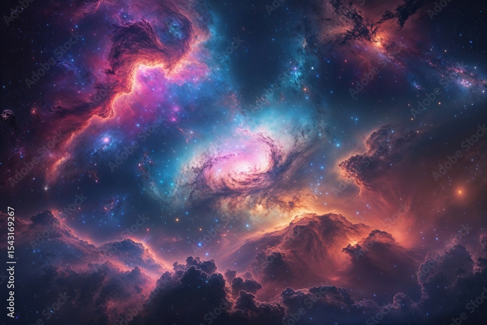 Naklejka premium Radiant Cosmic Vista Featuring Nebulas and Vibrant Hues of the Universe